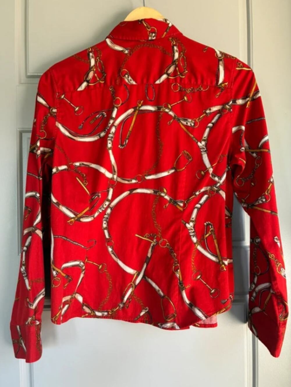 Talbots bright red gold equestrian horse western button down shirt top